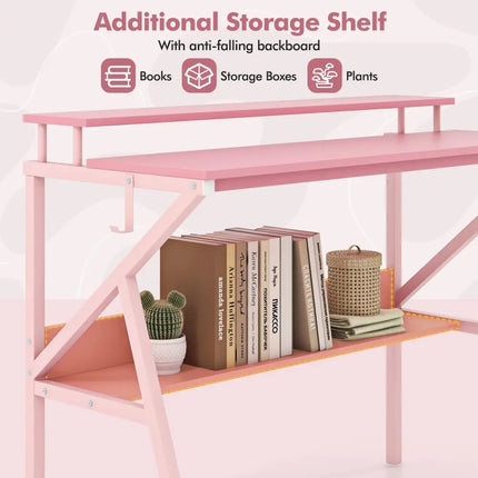 Space Saving Computer Desk with Monitor Stand and Extra Storage Shelf for Work Study-Pink - Pink - Computer Desks