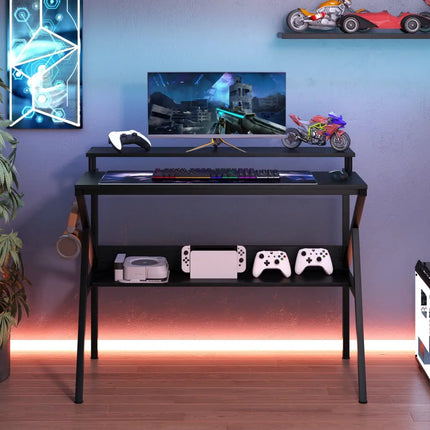 Space Saving Computer Desk with Monitor Stand and Extra Storage Shelf for Work Study-Black - Black - Computer Desks