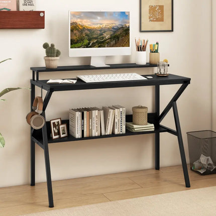 Space Saving Computer Desk with Monitor Stand and Extra Storage Shelf for Work Study-Black - Black - Computer Desks