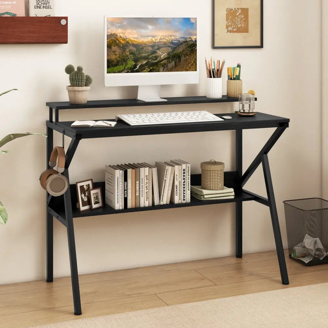 Space Saving Computer Desk with Monitor Stand and Extra Storage Shelf for Work Study-Black - Black - Computer Desks