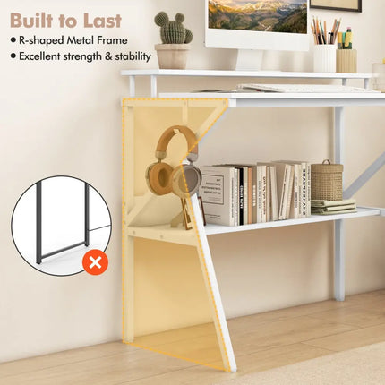 Space Saving Computer Desk with Monitor Stand and Extra Storage Shelf for Work Study-White - White - Computer Desks