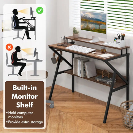 Space Saving Computer Desk with Monitor Stand and Extra Storage Shelf for Work Study-Rustic Brown - Rustic Brown