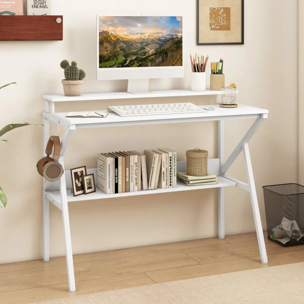 Space Saving Computer Desk with Monitor Stand and Extra Storage Shelf for Work Study-White - White - Computer Desks