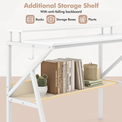 Space Saving Computer Desk with Monitor Stand and Extra Storage Shelf for Work Study-White - White - Computer Desks