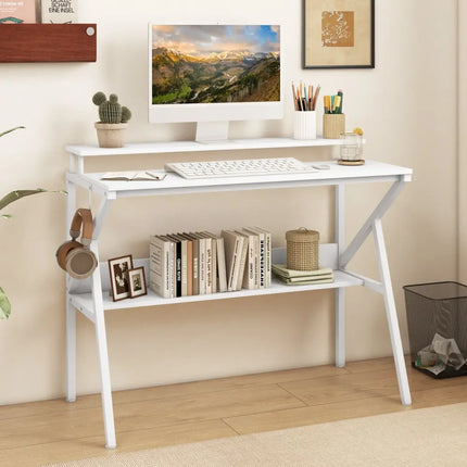Space Saving Computer Desk with Monitor Stand and Extra Storage Shelf for Work Study-White - White - Computer Desks