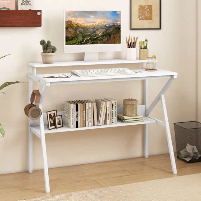 Space Saving Computer Desk with Monitor Stand and Extra Storage Shelf for Work Study-White - White - Computer Desks