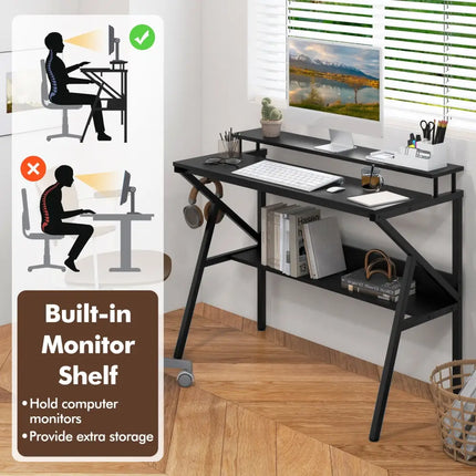 Space Saving Computer Desk with Monitor Stand and Extra Storage Shelf for Work Study-Black - Black - Computer Desks