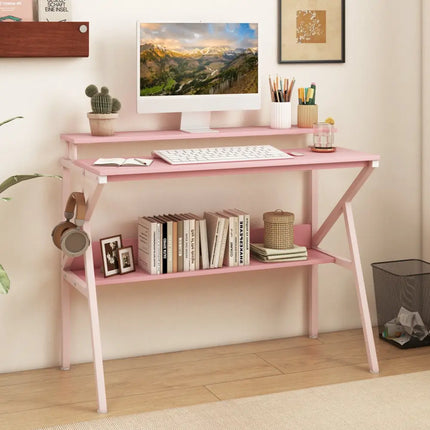 Space Saving Computer Desk with Monitor Stand and Extra Storage Shelf for Work Study-Pink - Pink - Computer Desks