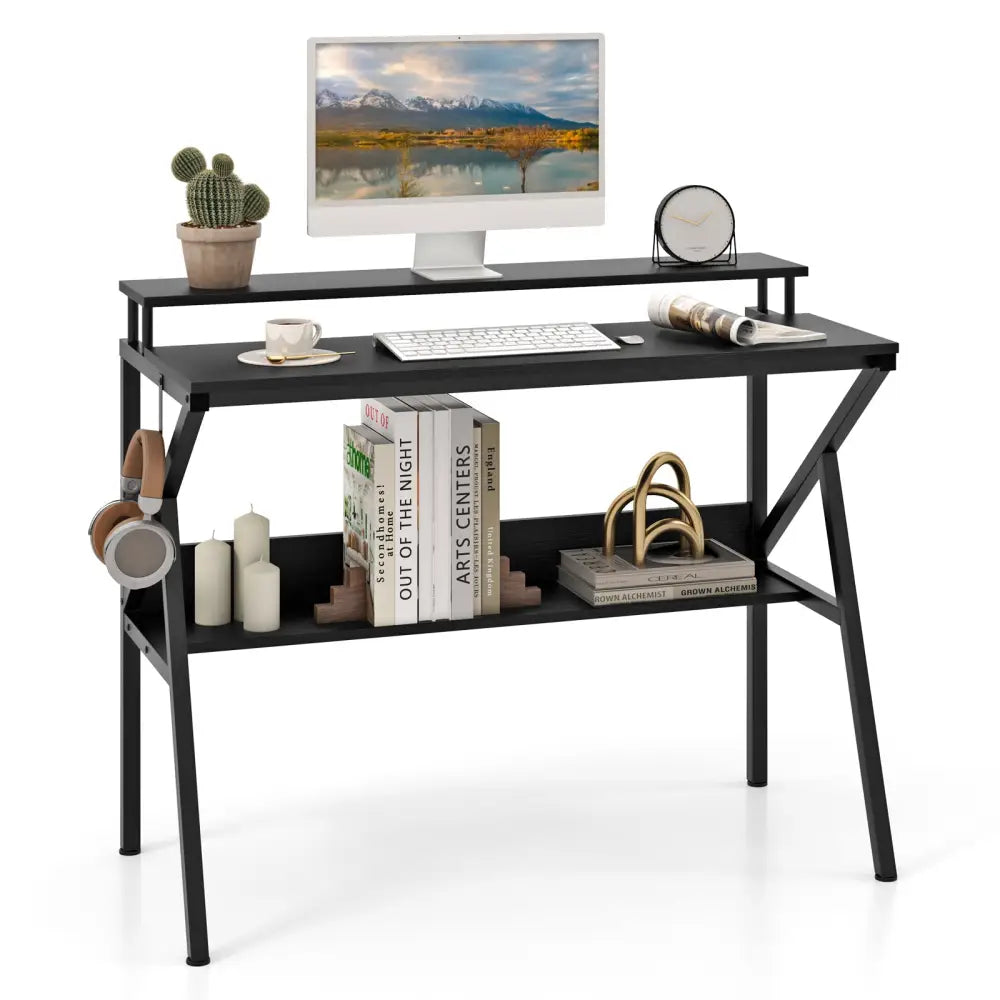 Space Saving Computer Desk with Monitor Stand and Extra Storage Shelf for Work Study-Black - Black - Computer Desks