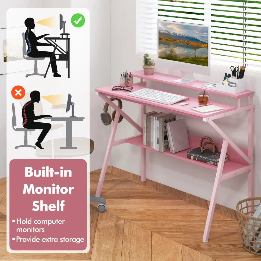 Space Saving Computer Desk with Monitor Stand and Extra Storage Shelf for Work Study-Pink - Pink - Computer Desks