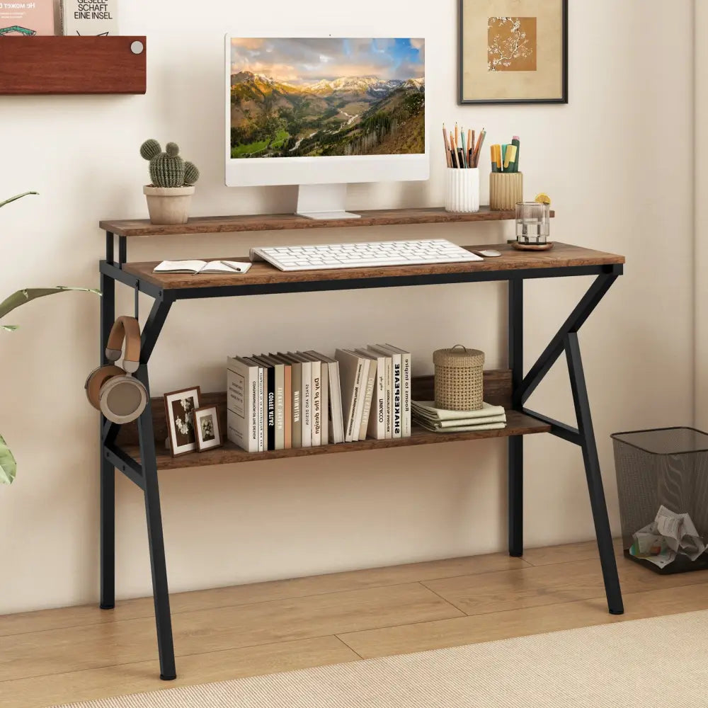 Space Saving Computer Desk with Monitor Stand and Extra Storage Shelf for Work Study-Rustic Brown - Rustic Brown