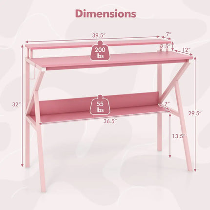 Space Saving Computer Desk with Monitor Stand and Extra Storage Shelf for Work Study-Pink - Pink - Computer Desks