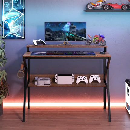 Space Saving Computer Desk with Monitor Stand and Extra Storage Shelf for Work Study-Rustic Brown - Rustic Brown