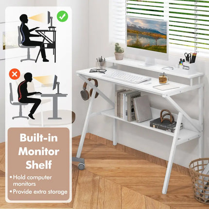 Space Saving Computer Desk with Monitor Stand and Extra Storage Shelf for Work Study-White - White - Computer Desks