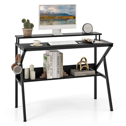Space Saving Computer Desk with Monitor Stand and Extra Storage Shelf for Work Study-Black - Black - Computer Desks