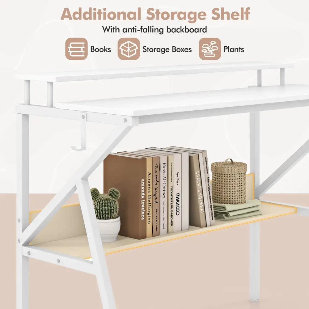 Space Saving Computer Desk with Monitor Stand and Extra Storage Shelf for Work Study-White - White - Computer Desks