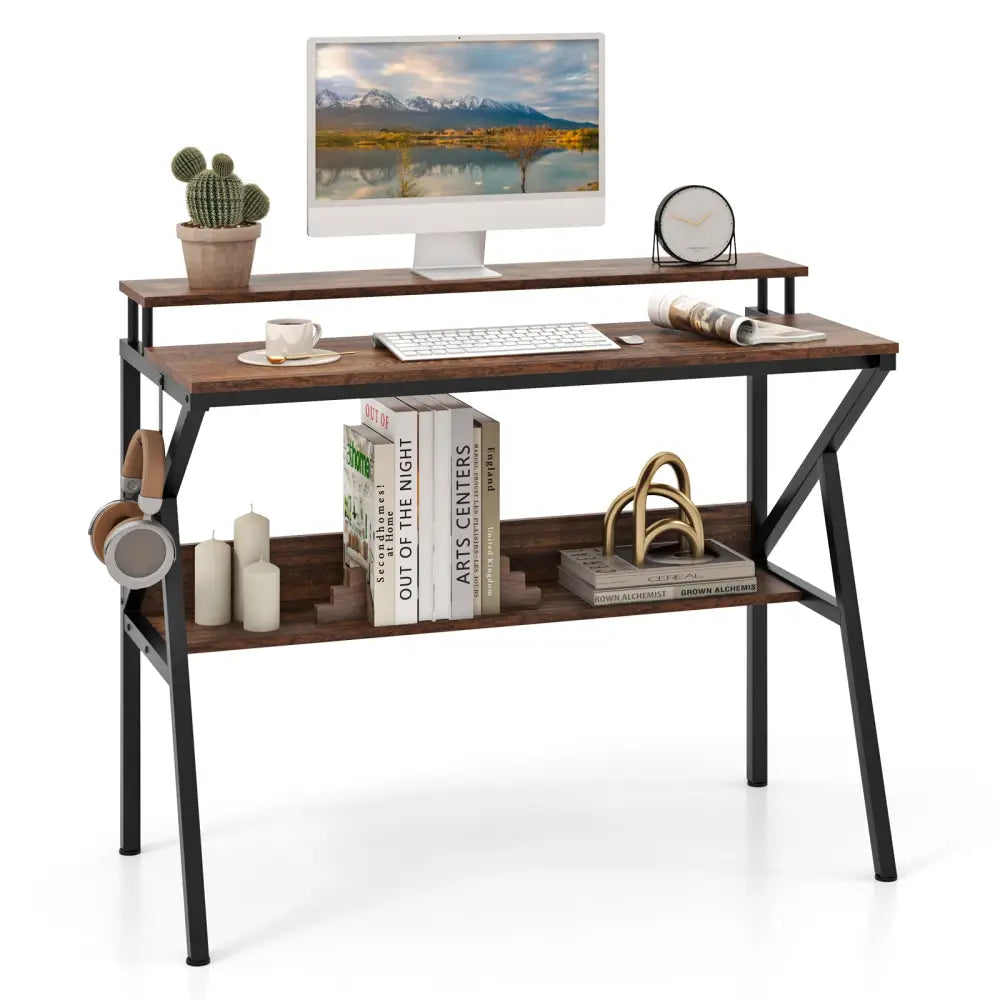 Space Saving Computer Desk with Monitor Stand and Extra Storage Shelf for Work Study-Rustic Brown - Rustic Brown
