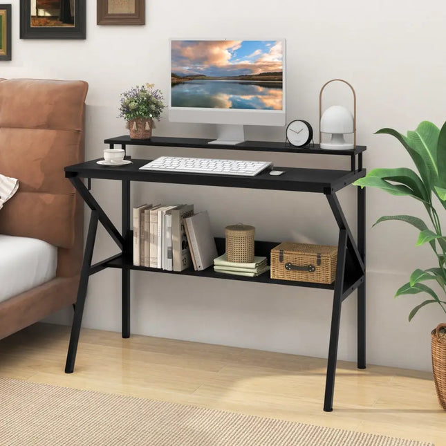 Space Saving Computer Desk with Monitor Stand and Extra Storage Shelf for Work Study-Black - Black - Computer Desks