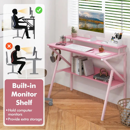 Space Saving Computer Desk with Monitor Stand and Extra Storage Shelf for Work Study-Pink - Pink - Computer Desks