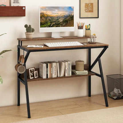 Space Saving Computer Desk with Monitor Stand and Extra Storage Shelf for Work Study-Rustic Brown - Rustic Brown