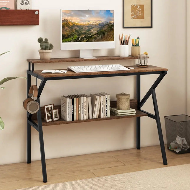 Space Saving Computer Desk with Monitor Stand and Extra Storage Shelf for Work Study-Rustic Brown - Rustic Brown