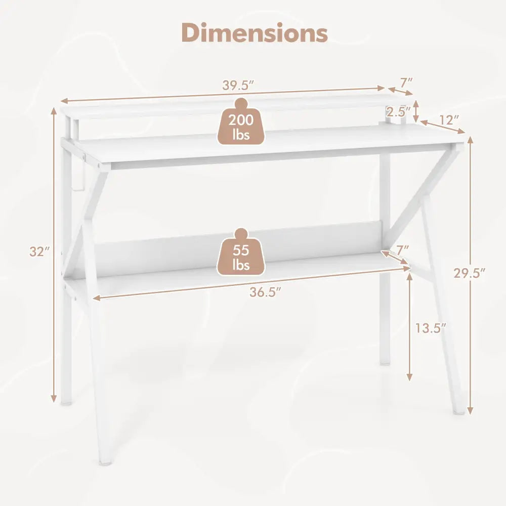 Space Saving Computer Desk with Monitor Stand and Extra Storage Shelf for Work Study-White - White - Computer Desks