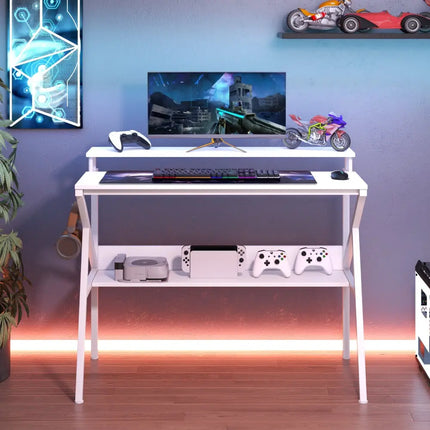 Space Saving Computer Desk with Monitor Stand and Extra Storage Shelf for Work Study-White - White - Computer Desks