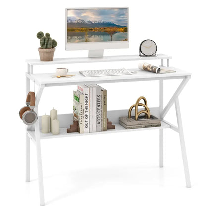 Space Saving Computer Desk with Monitor Stand and Extra Storage Shelf for Work Study-White - White - Computer Desks