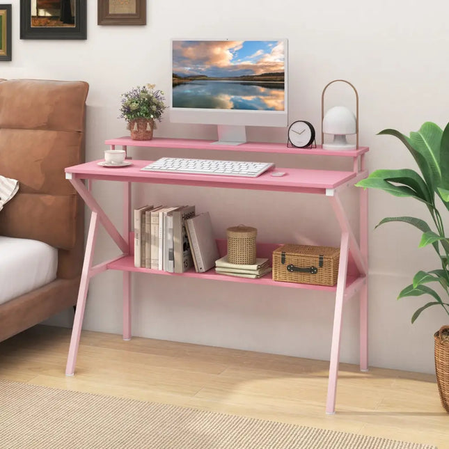 Space Saving Computer Desk with Monitor Stand and Extra Storage Shelf for Work Study-Pink - Pink - Computer Desks