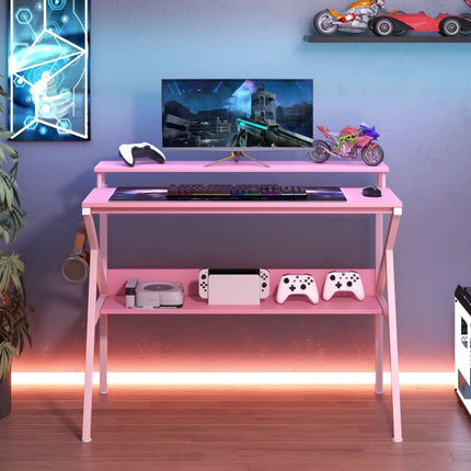 Space Saving Computer Desk with Monitor Stand and Extra Storage Shelf for Work Study-Pink - Pink - Computer Desks