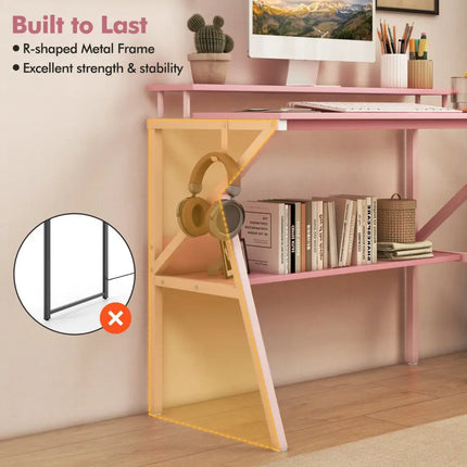 Space Saving Computer Desk with Monitor Stand and Extra Storage Shelf for Work Study-Pink - Pink - Computer Desks