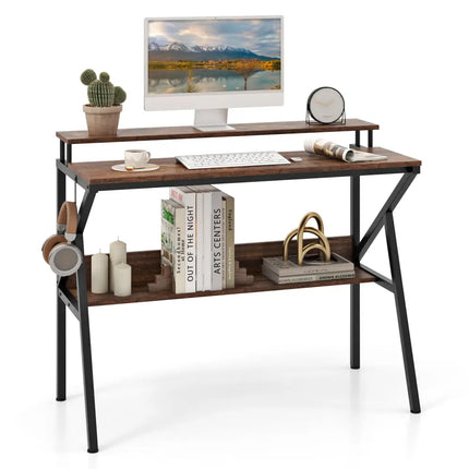Space Saving Computer Desk with Monitor Stand and Extra Storage Shelf for Work Study-Rustic Brown - Rustic Brown