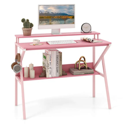 Space Saving Computer Desk with Monitor Stand and Extra Storage Shelf for Work Study-Pink - Pink - Computer Desks