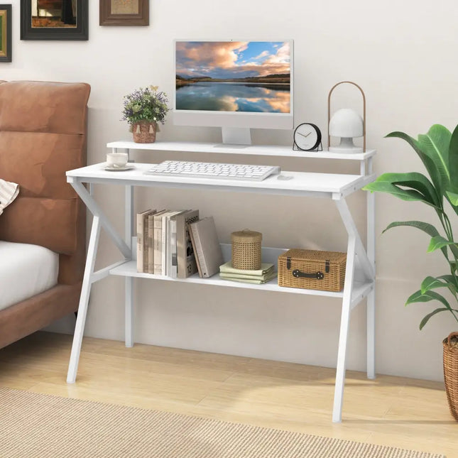 Space Saving Computer Desk with Monitor Stand and Extra Storage Shelf for Work Study-White - White - Computer Desks