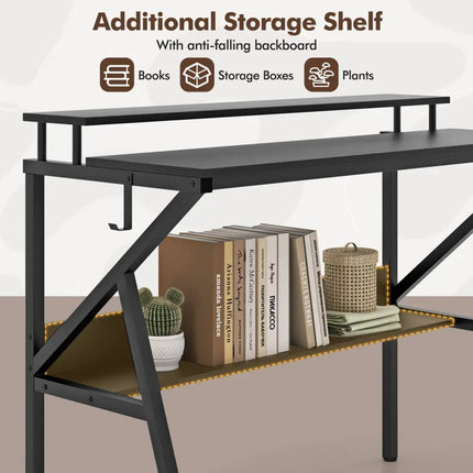 Space Saving Computer Desk with Monitor Stand and Extra Storage Shelf for Work Study-Black - Black - Computer Desks