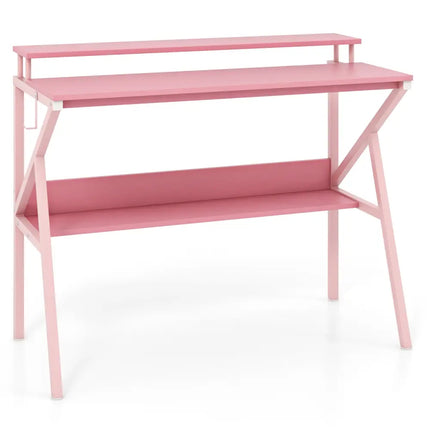 Space Saving Computer Desk with Monitor Stand and Extra Storage Shelf for Work Study-Pink - Pink - Computer Desks