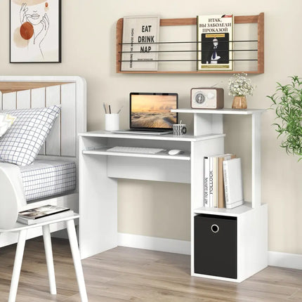 Space-saving Computer Desk with Pull-out Keyboard Tray-White - White - Computer Desks