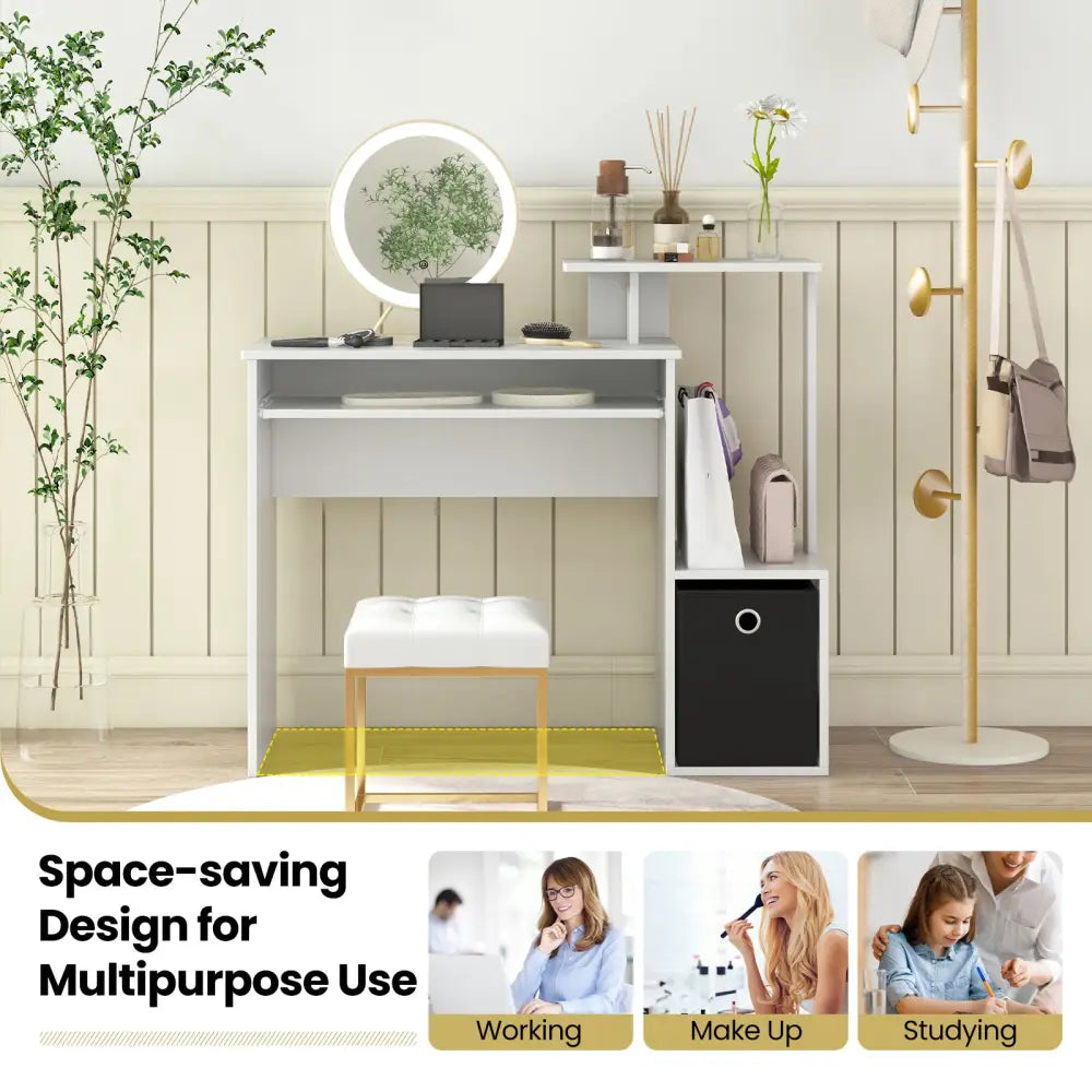 Space-saving Computer Desk with Pull-out Keyboard Tray-White - White - Computer Desks
