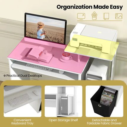Space-saving Computer Desk with Pull-out Keyboard Tray-White - White - Computer Desks
