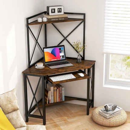 Space-Saving Corner Computer Desk with with Hutch and Keyboard Tray-Rustic Brown - Rustic Brown - Corner Desks
