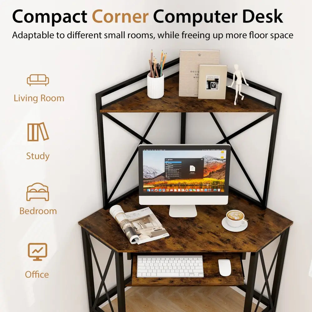 Space-Saving Corner Computer Desk with with Hutch and Keyboard Tray-Rustic Brown - Rustic Brown - Corner Desks
