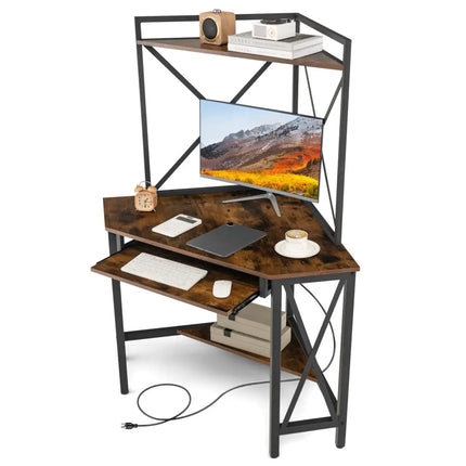 Space-Saving Corner Computer Desk with with Hutch and Keyboard Tray-Rustic Brown - Rustic Brown - Corner Desks