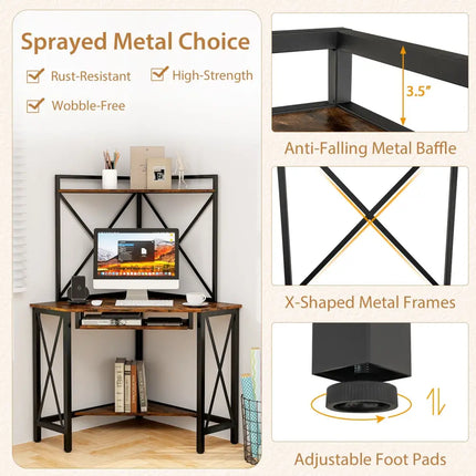 Space-Saving Corner Computer Desk with with Hutch and Keyboard Tray-Rustic Brown - Rustic Brown - Corner Desks