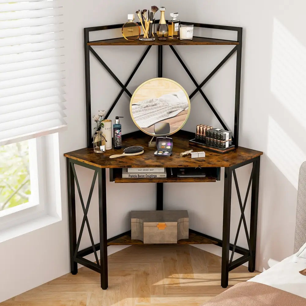 Space-Saving Corner Computer Desk with with Hutch and Keyboard Tray-Rustic Brown - Rustic Brown - Corner Desks