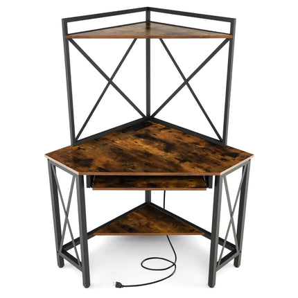 Space-Saving Corner Computer Desk with with Hutch and Keyboard Tray-Rustic Brown - Rustic Brown - Corner Desks