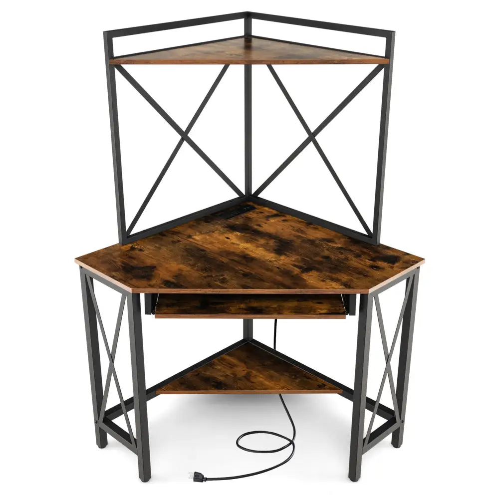 Space-Saving Corner Computer Desk with with Hutch and Keyboard Tray-Rustic Brown - Rustic Brown - Corner Desks