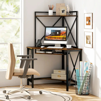 Space-Saving Corner Computer Desk with with Hutch and Keyboard Tray-Rustic Brown - Rustic Brown - Corner Desks