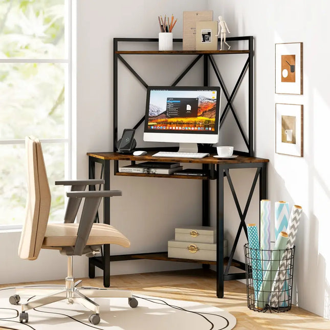 Space-Saving Corner Computer Desk with with Hutch and Keyboard Tray-Rustic Brown - Rustic Brown - Corner Desks