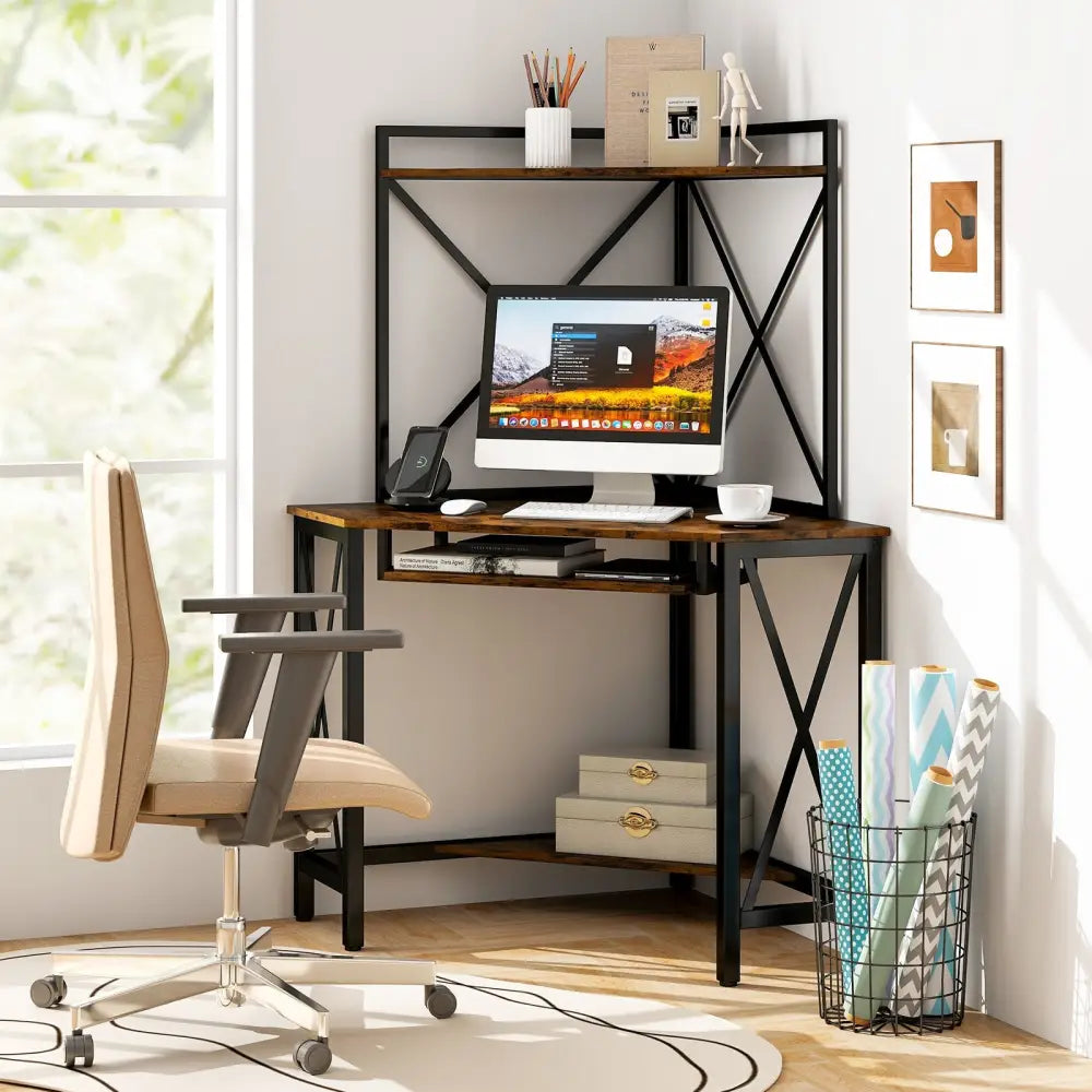 Space-Saving Corner Computer Desk with with Hutch and Keyboard Tray-Rustic Brown - Rustic Brown - Corner Desks