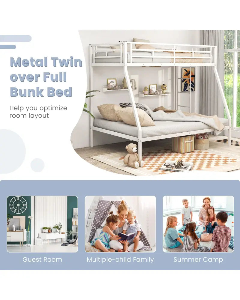 Space-saving Metal Slatted Bed Frame for Teens and Adults Noise-free No Box Spring Needed-White - White - Bunk Bed Frame
